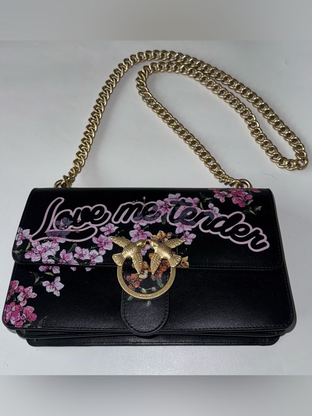 PINKO Black “Love Me Tender” Floral Birds Gold Chain Limited Bag Purse